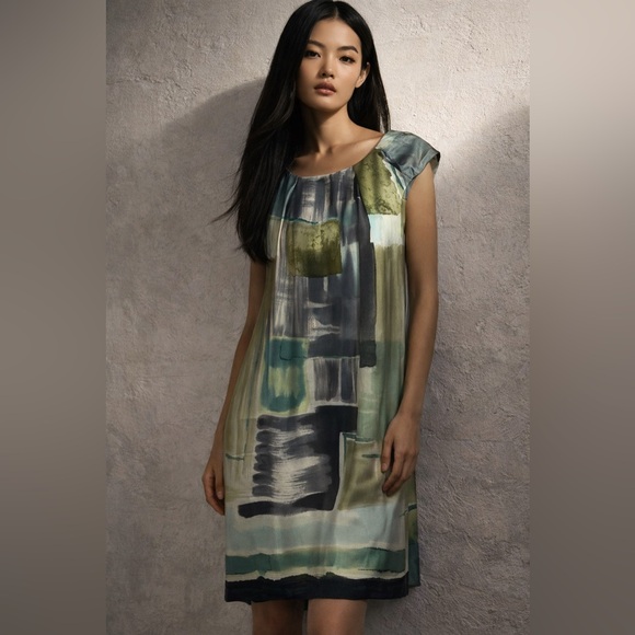 Martin + Osa 100% Silk Watercolor Floral Dress Olive green silk - Picture 2 of 8